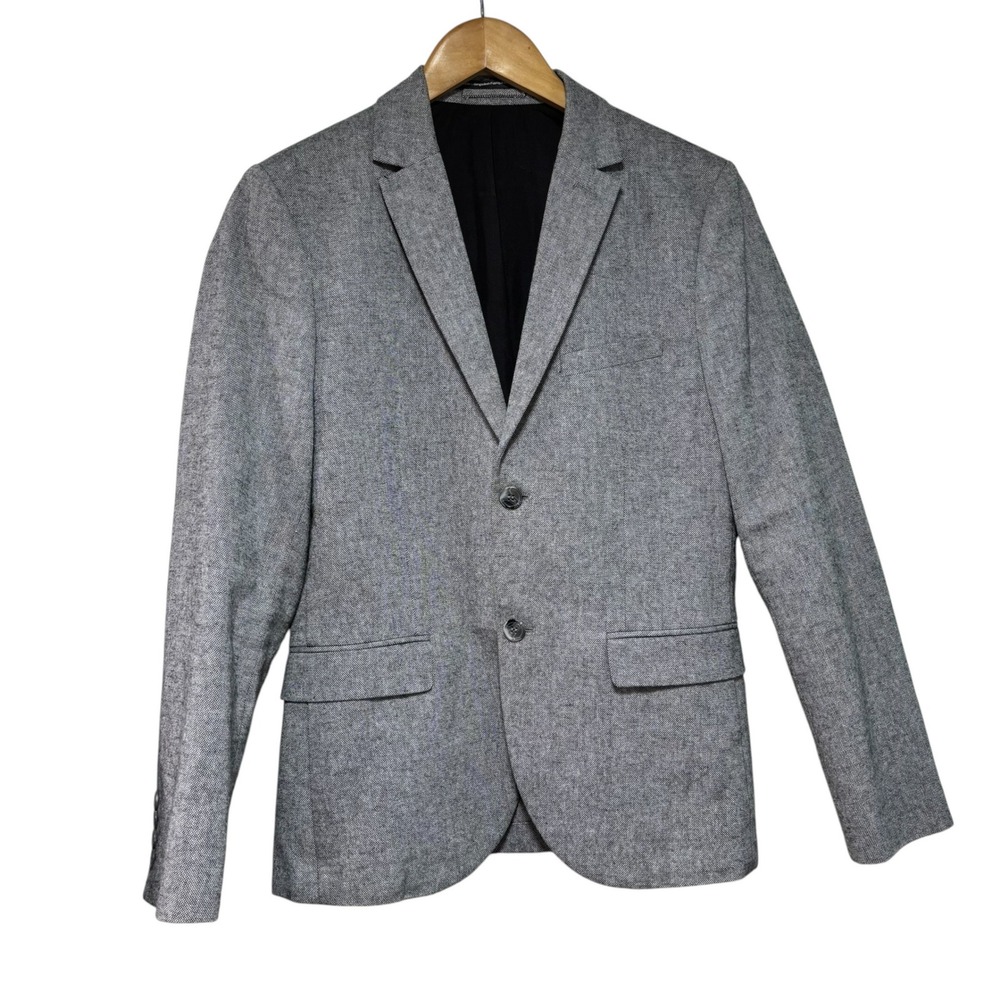 HM Mens Slim Fit Grey Textured Blazer Brown Elbow Patches 36R Sport Coat